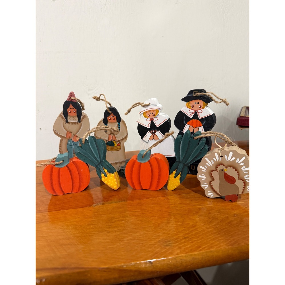 Vintage Thanksgiving Wooden Ornaments Set 9pc Pilgrim Turkey Harvest Folk Art